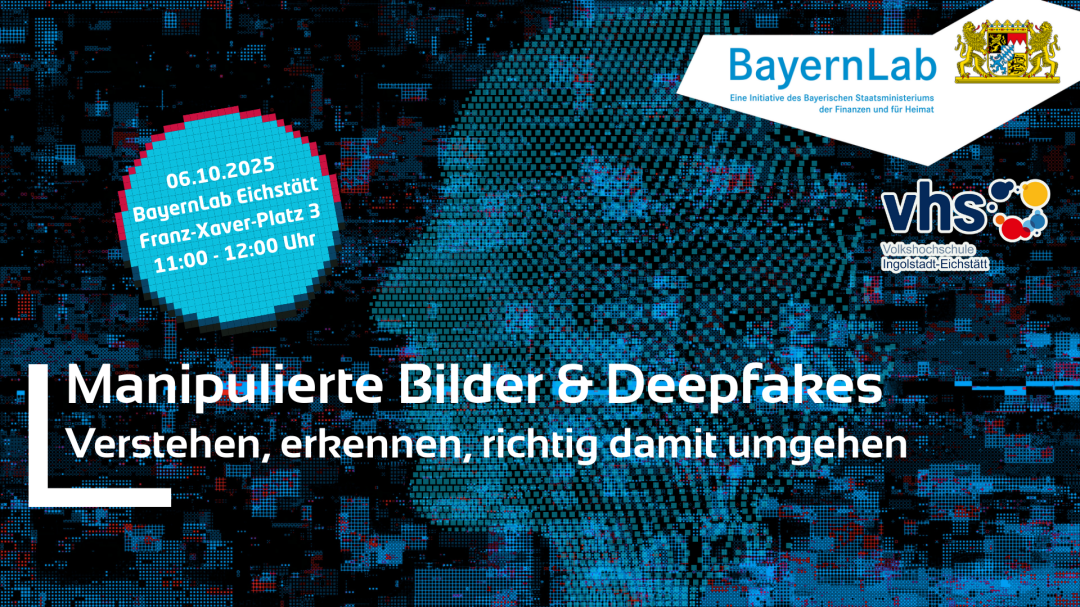 Werbeposter für den Kurs Manipulierte Bilder & Deepfakes bei der vhs 2025 Werbeposter für den Kurs Manipulierte Bilder & Deepfakes bei der vhs 2025