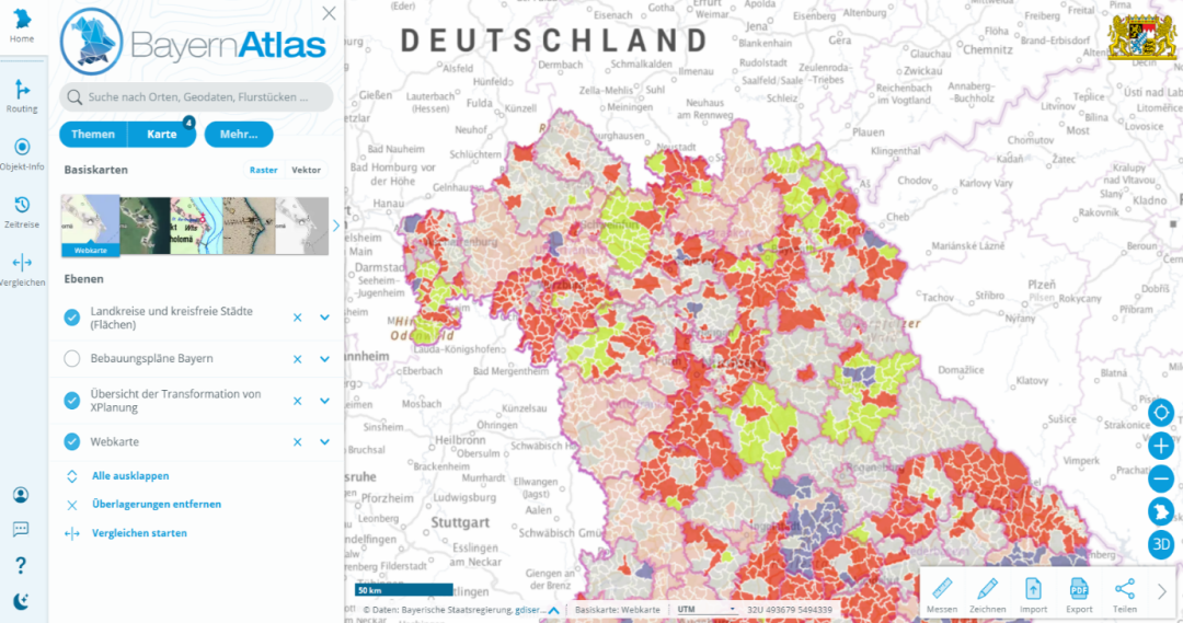 Ausschnitt aus dem BayernAtlas Ein Ausschnitt aus dem BayernAtlas, links das Menue vom BayernAtlas, rechts die Karte mit dem nördlichen Teil von Bayern